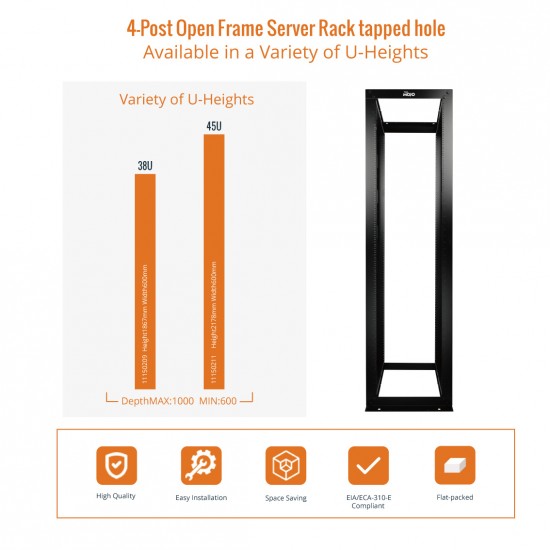 Tecmojo 45U 4-Post Open Frame Server Rack tapped hole