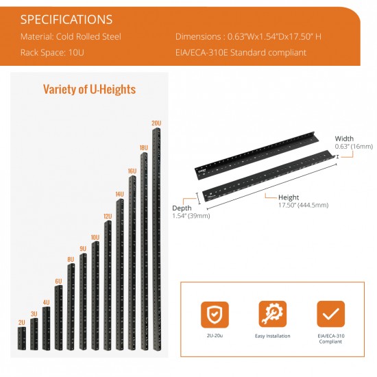 Tecmojo 10U Tapped Vertical Rack Rail Pair Kit