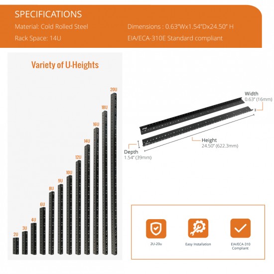 14U Tapped Vertical Rack Rail Pair Kit