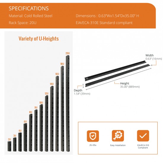 20U Tapped Vertical Rack Rail Pair Kit