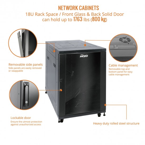Fully Assembled 18U Network Cabinet AV Rack 600mm DEEP Black 4 Post Server Equipment Rack Enclosure with Casters/Locking Glass Doors