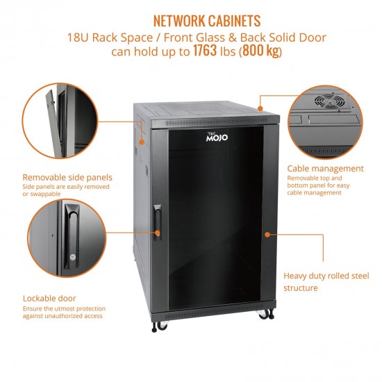 Fully Assembled 18U Network Cabinet AV Rack 800mm DEEP Black 4 Post Server Equipment Rack Enclosure with Casters/Locking Glass Doors