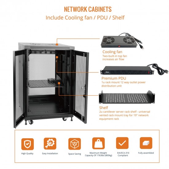 Fully Assembled 18U Network Cabinet AV Rack 600mm DEEP Black 4 Post Server Equipment Rack Enclosure with Casters/Locking Mesh Doors