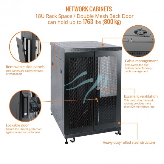 Fully Assembled 18U Network Cabinet AV Rack 800mm DEEP Black 4 Post Server Equipment Rack Enclosure with Casters/Locking Mesh Doors