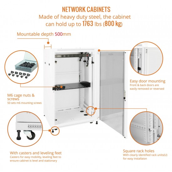 Fully Assembled 18U Network Cabinet AV Rack 600mm DEEP White 4 Post Server Equipment Rack Enclosure with Casters/Locking Glass Doors