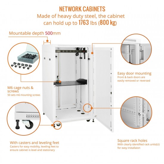 Fully Assembled 18U Network Cabinet AV Rack 800mm DEEP White 4 Post Server Equipment Rack Enclosure with Casters/Locking Mesh Doors