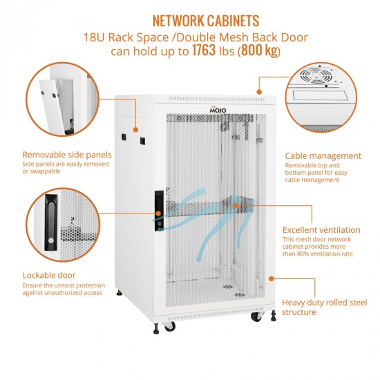 Fully Assembled 18U Network Cabinet AV Rack 800mm DEEP White 4 Post Server Equipment Rack Enclosure with Casters/Locking Mesh Doors
