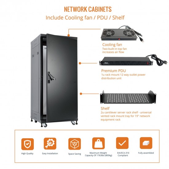 Fully Assembled 27U Network Cabinet AV Rack 600mm DEEP Black 4 Post Server Equipment Rack Enclosure with Casters/Locking Glass Doors