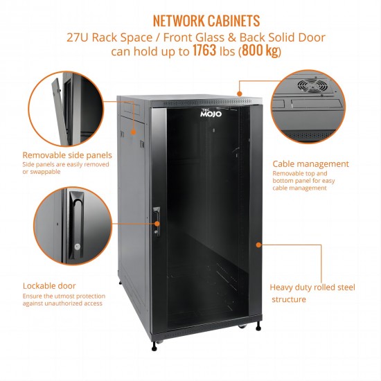 Fully Assembled 27U Network Cabinet AV Rack 800mm DEEP Black 4 Post Server Equipment Rack Enclosure with Casters/Locking Glass Doors