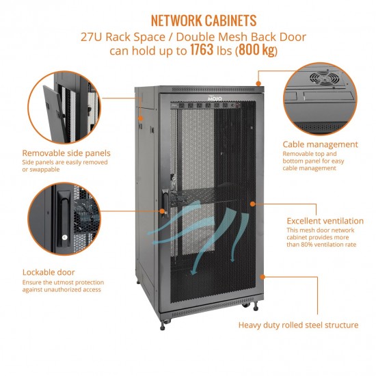 Fully Assembled 27U Network Cabinet AV Rack 600mm DEEP Black 4 Post Server Equipment Rack Enclosure with Casters/Locking mesh Doors