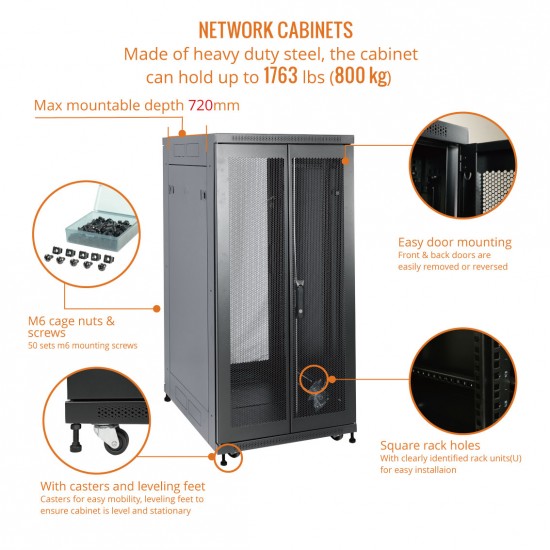 Fully Assembled 27U Network Cabinet AV Rack 800mm DEEP Black 4 Post Server Equipment Rack Enclosure with Casters/Locking Mesh Doors