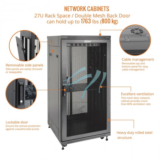 Fully Assembled 27U Network Cabinet AV Rack 800mm DEEP Black 4 Post Server Equipment Rack Enclosure with Casters/Locking Mesh Doors