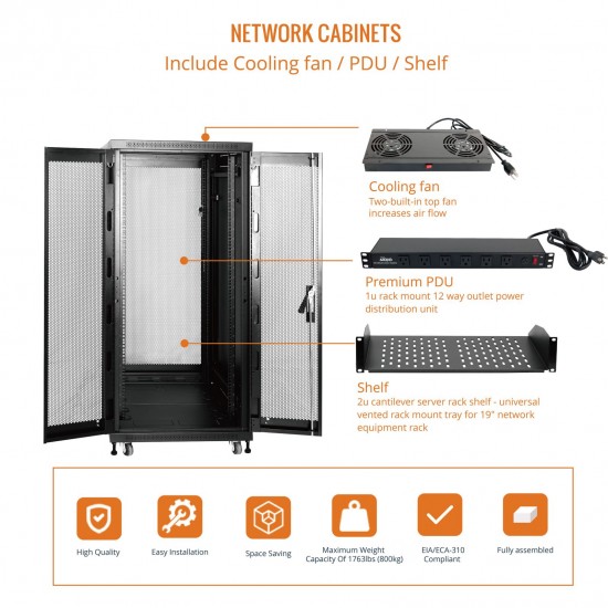 Fully Assembled 27U Network Cabinet AV Rack 800mm DEEP Black 4 Post Server Equipment Rack Enclosure with Casters/Locking Mesh Doors