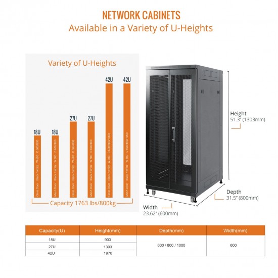 Fully Assembled 27U Network Cabinet AV Rack 800mm DEEP Black 4 Post Server Equipment Rack Enclosure with Casters/Locking Mesh Doors