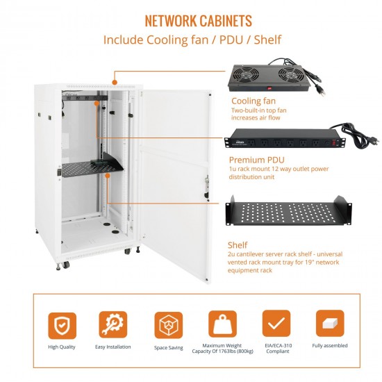 Fully Assembled 27U Network Cabinet AV Rack 800mm DEEP White 4 Post Server Equipment Rack Enclosure with Casters/Locking Glass Doors