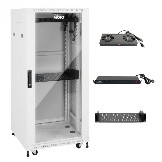 Fully Assembled 27U Network Cabinet AV Rack 800mm DEEP White 4 Post Server Equipment Rack Enclosure with Casters/Locking Glass Doors