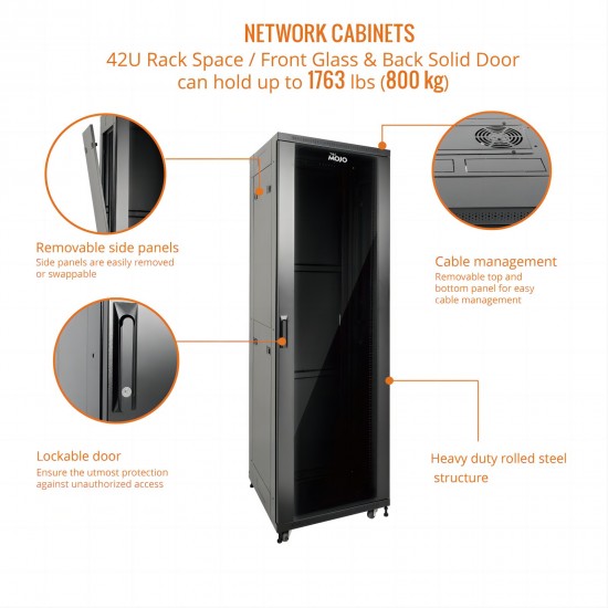 Tecmojo 42U 600*600 Network Cabinet, front galss & back solid（DB-black）