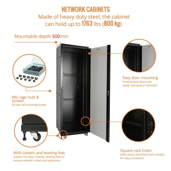 Fully Assembled 42U Network Cabinet AV Rack 600mm DEEP black 4 Post Server Equipment Rack Enclosure with Casters/Locking Glass Doors