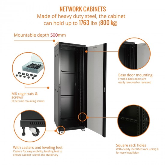 Tecmojo 42U 600*600 Network Cabinet, front galss & back solid（DB-black）