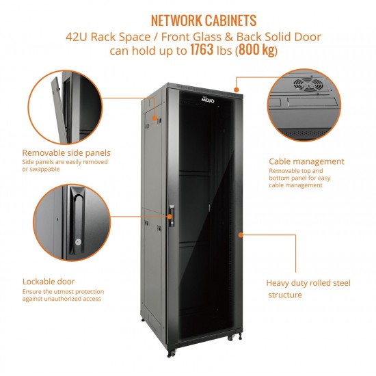 Fully Assembled 42U Network Cabinet AV Rack 1000mm DEEP black 4 Post Server Equipment Rack Enclosure with Casters/Locking Glass Doors