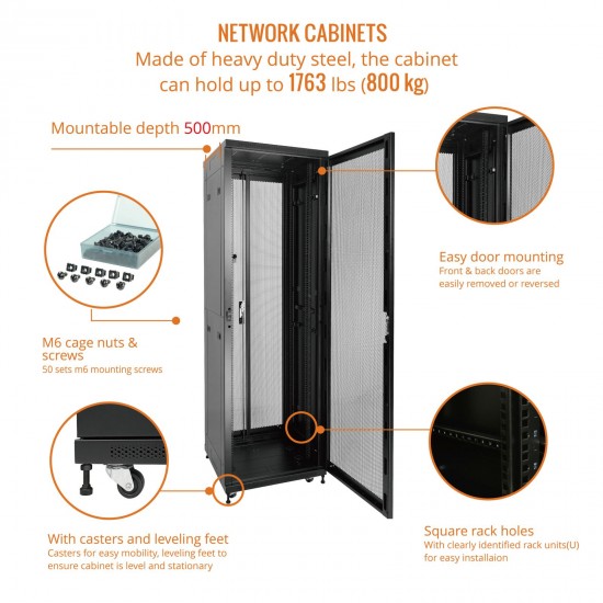 Fully Assembled 42U Network Cabinet AV Rack 600mm DEEP black 4 Post Server Equipment Rack Enclosure with Casters/Locking mesh Doors