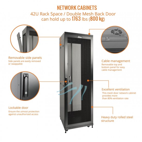 Fully Assembled 42U Network Cabinet AV Rack 600mm DEEP black 4 Post Server Equipment Rack Enclosure with Casters/Locking mesh Doors