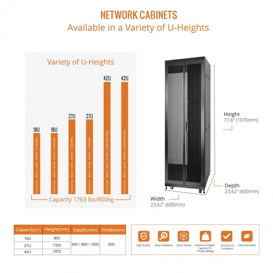 Fully Assembled 42U Network Cabinet AV Rack 600mm DEEP black 4 Post Server Equipment Rack Enclosure with Casters/Locking mesh Doors