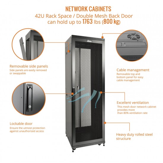 Fully Assembled 42U Network Cabinet AV Rack 800mm DEEP black 4 Post Server Equipment Rack Enclosure with Casters/Locking Mesh Doors