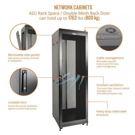 Fully Assembled 42U Network Cabinet AV Rack 1000mm DEEP black 4 Post Server Equipment Rack Enclosure with Casters/Locking Mesh Doors
