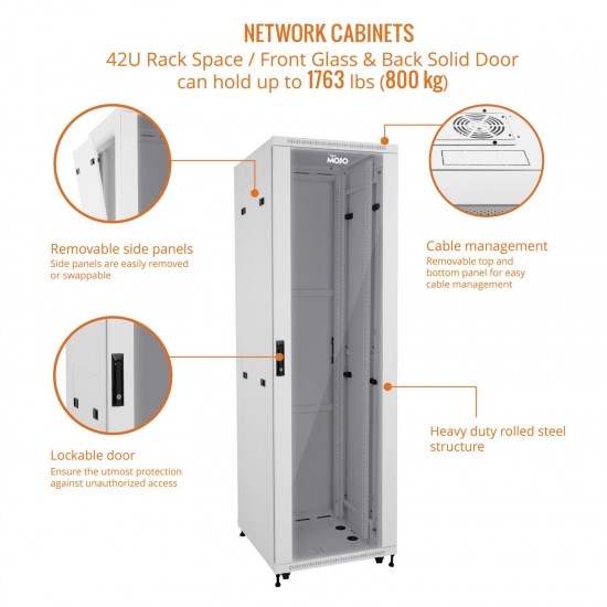 Fully Assembled 42U Network Cabinet AV Rack 1000mm DEEP white 4 Post Server Equipment Rack Enclosure with Casters/Locking Glass Doors