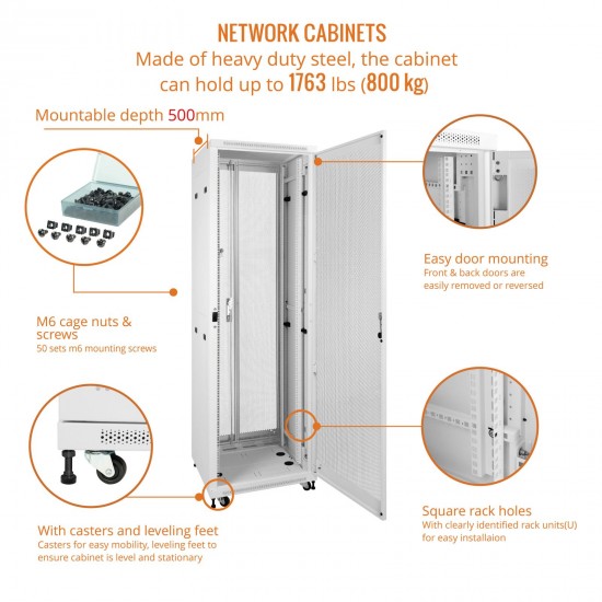 Fully Assembled 42U Network Cabinet AV Rack 600mm DEEP White 4 Post Server Equipment Rack Enclosure with Casters/Locking Mesh Doors