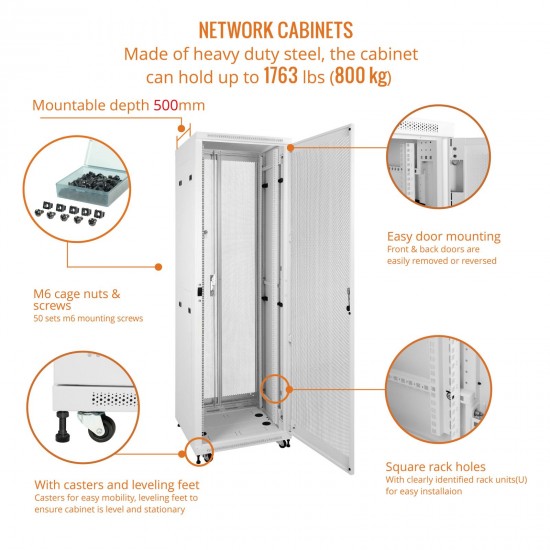 Fully Assembled 42U Network Cabinet AV Rack 800mm DEEP White 4 Post Server Equipment Rack Enclosure with Casters/Locking Mesh Doors