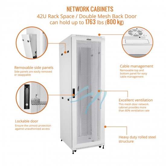 Fully Assembled 42U Network Cabinet AV Rack 1000mm DEEP White 4 Post Server Equipment Rack Enclosure with Casters/Locking Mesh Doors