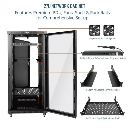 Tecmojo 27U 600*600 Network Cabinet, front galss & back solid（DB-black）