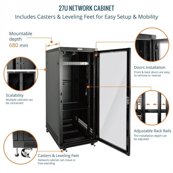 Tecmojo 27U 600*800 Network Cabinet, front glass & back solid（DB-black）