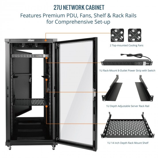 Tecmojo 27U 600*800 Network Cabinet, front glass & back solid（DB-black）