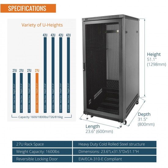 Tecmojo 27U 600*800 Network Cabinet, front mesh & back double mesh（DB-black）