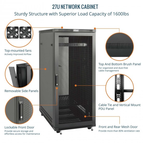 Tecmojo 27U 600*800 Network Cabinet, front mesh & back double mesh（DB-black）