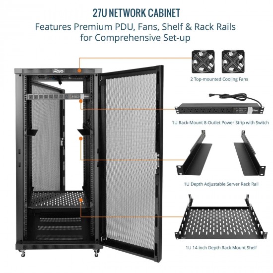 Tecmojo 27U 600*800 Network Cabinet, front mesh & back double mesh（DB-black）