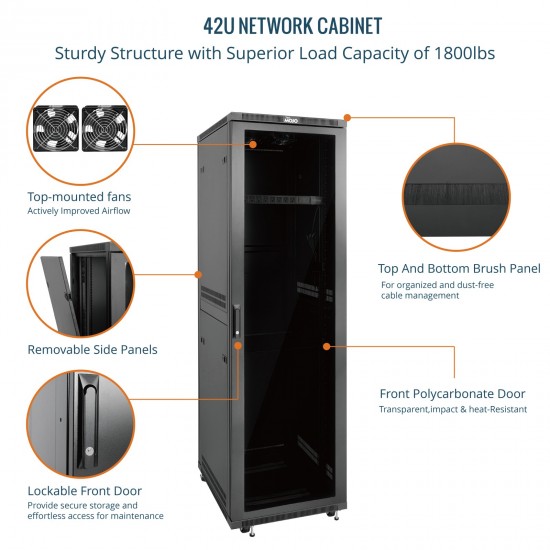 Tecmojo 42U 600*600 Network Cabinet, front galss & back solid（DB-black）