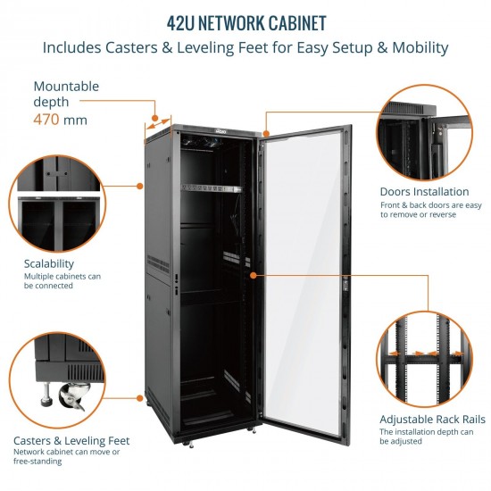 Tecmojo 42U 600*600 Network Cabinet, front galss & back solid（DB-black）