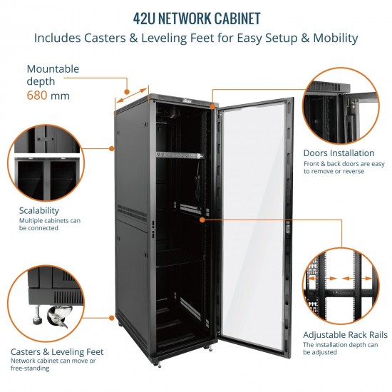 Tecmojo 42U 600*800 Network Cabinet, front glass & back solid（DB-black）