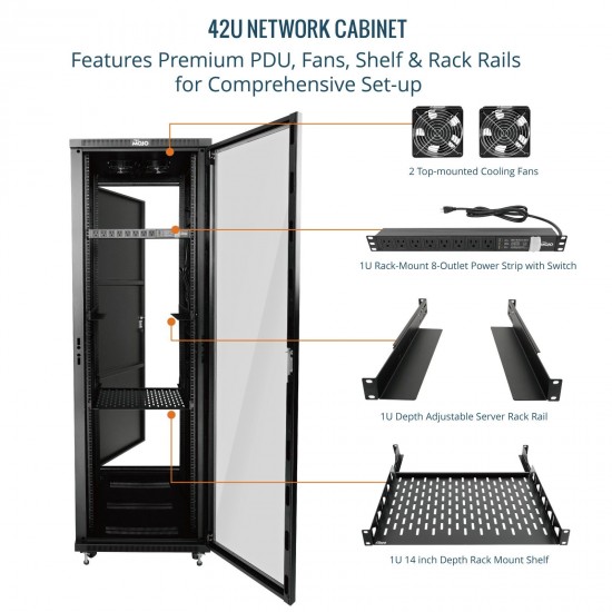 Tecmojo 42U 600*800 Network Cabinet, front glass & back solid（DB-black）