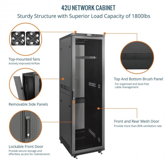 Tecmojo 42U 600*600 Network Cabinet, front mesh & back double mesh（DB-black）