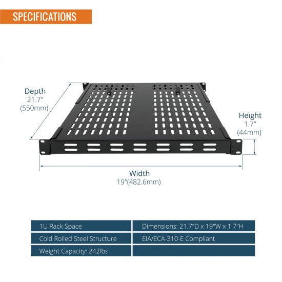 Tecmojo 1U 4-Post Vented Shelf 21.7" Deep