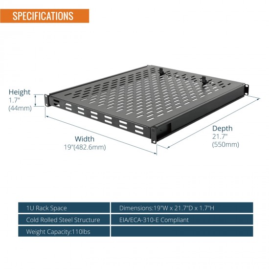 Tecmojo 1U 22"-24" Adjustable Depth 4-Post Shelf