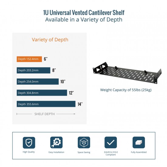 Tecmojo 1U 6" Depth Vented Cantilever Shelf