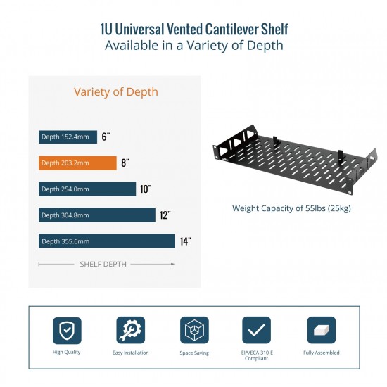 Tecmojo 1U 8" Depth Vented Cantilever Shelf