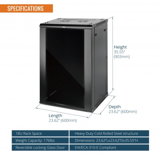 ELITE 18U 600MM DEPTH WALL-MOUNT CABINET, GLASS DOOR FLAT PACK