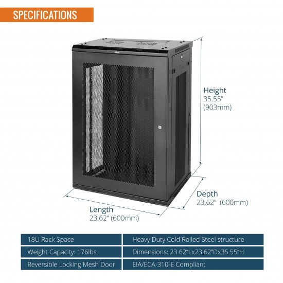 Tecmojo ELITE 18U 600MM DEPTH WALL-MOUNT CABINET, MESH DOOR FLAT PACK